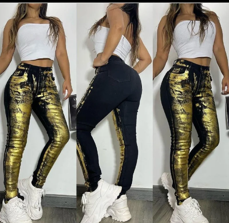 Embroidery Design Black Jeans with Gold Accents (C5)