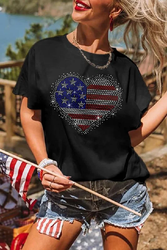 Fashion Expert Black Rhinestone American Flag Tee