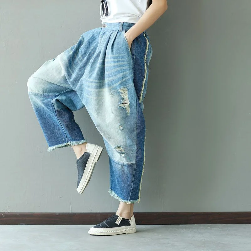 Unique Fashion 2017 New Casual Boyfriend Harem jeans women Spliced Ankle-length Drop Crotch pants Hippie Punk ripped Boho Cross Pants G060601