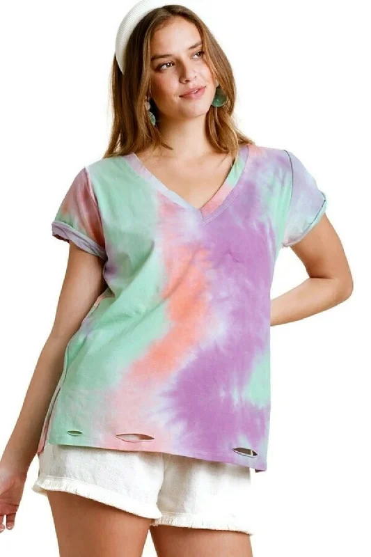 High Street Series Distressed Tie Dye Top, Peach/Purple