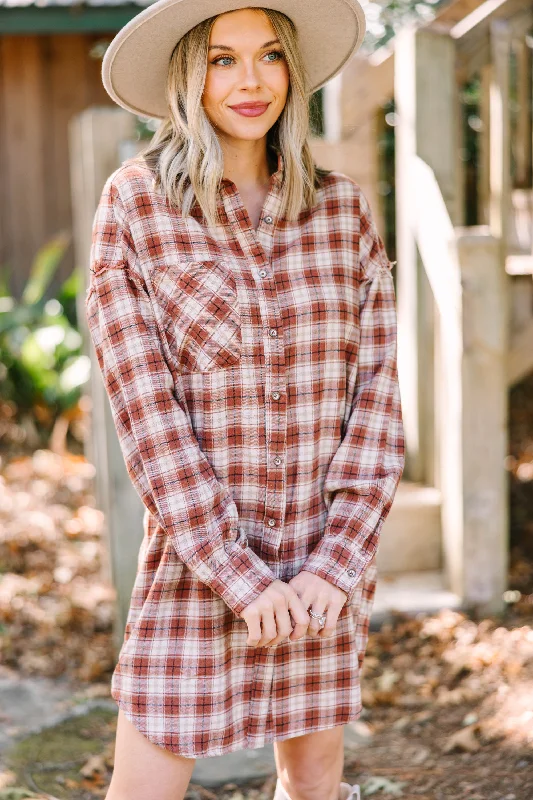 Sports Style Feeling Your Very Best Mocha Brown Plaid Shirt Dress