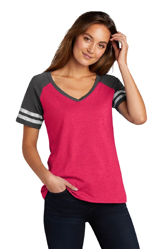 Fashion Pioneer District Womens Game Short Sleeve V-Neck T-Shirt - Heather Watermelon Pink/Heather Charcoal Grey