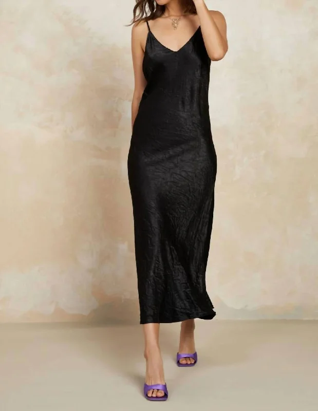 Chic Relaxation Crinkle Slip Dress With Lace Back In Black