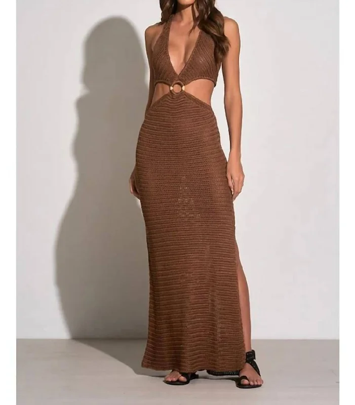 Floral Prints Crochet Maxi Halter Cut Out Dress In Brown