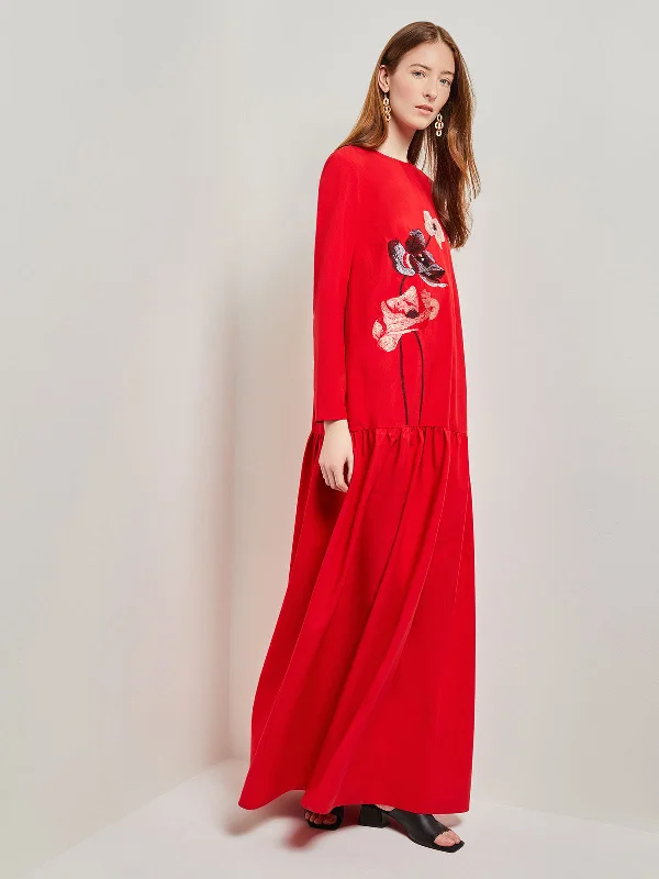 Cool Style Placed Floral Drop Waist Twill Maxi Dress