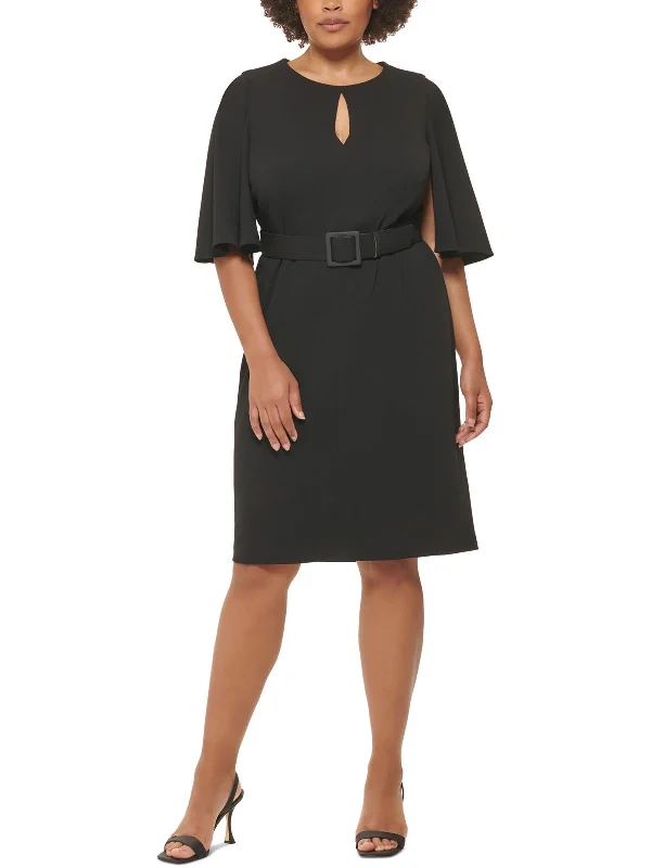 Exquisite Details Plus Womens Belted Midi Sheath Dress