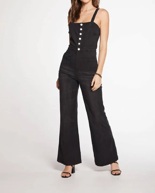 Energy Wear Stretch Twill Square Neck Button Down Wide Leg Jumpsuit Size In Washed Black