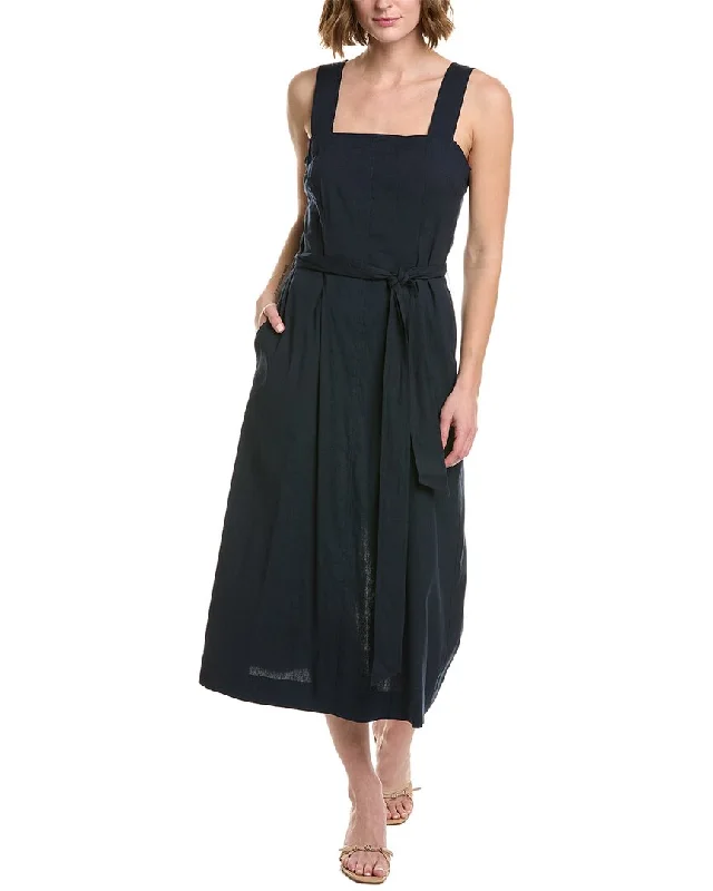 Design Trend Vince Belted Square Neck Linen-Blend Midi Dress